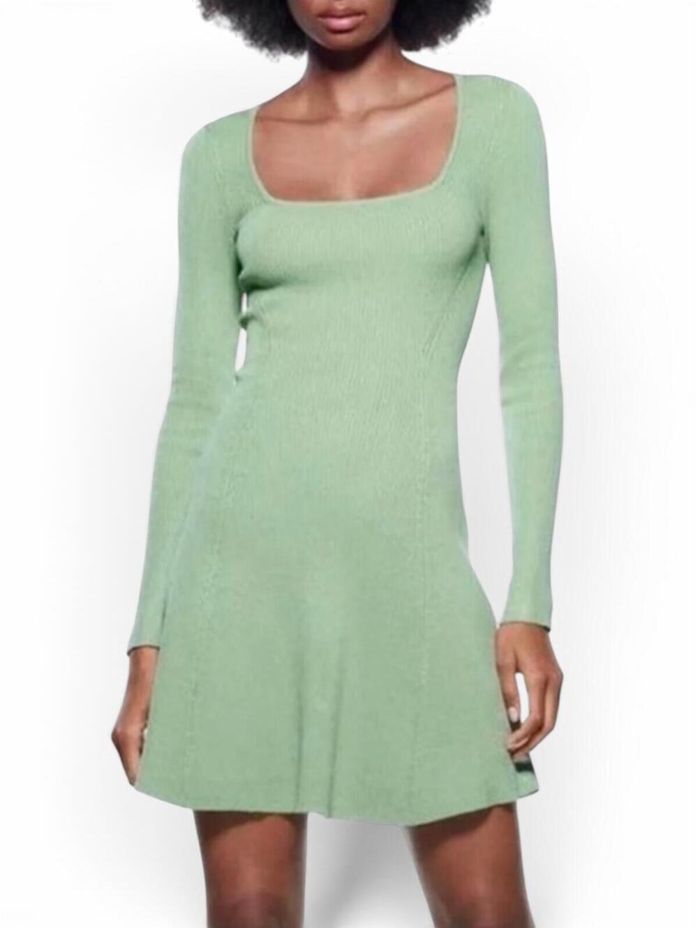 Zara Light Green Ribbed Long-Sleeve Mini Dress